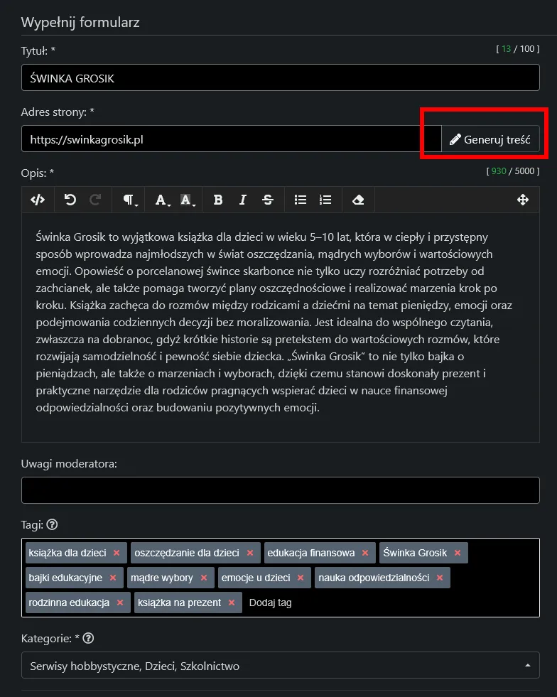 generowanie treści w katalogach przez AI