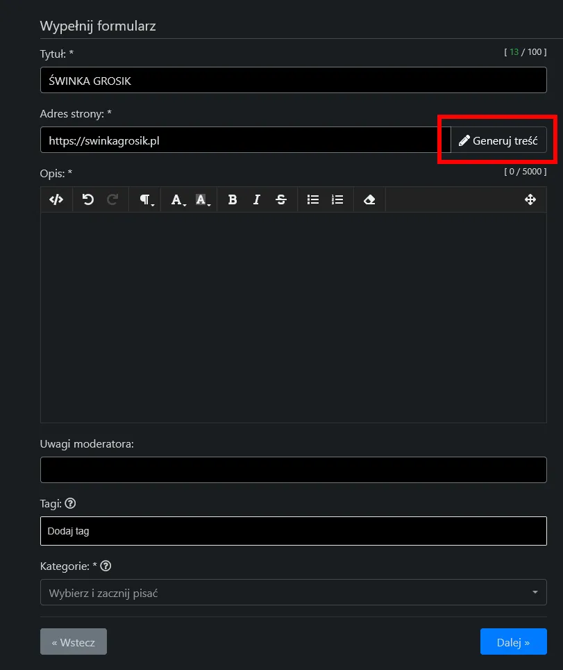 generowanie treści w katalogach przez AI